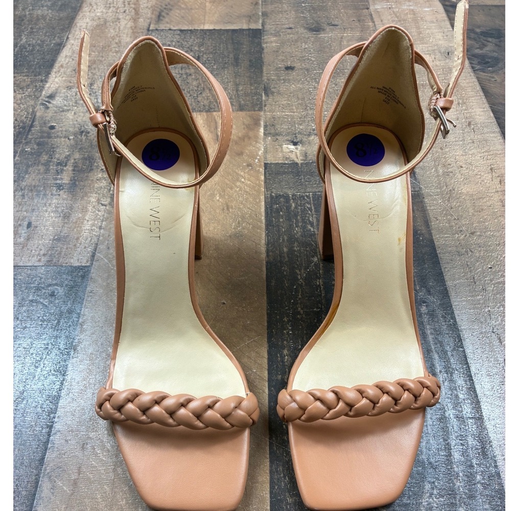 Nine West Braided Block Heel Sandals Womens 8.5 Tan Square Toe Ankle Strap Heels